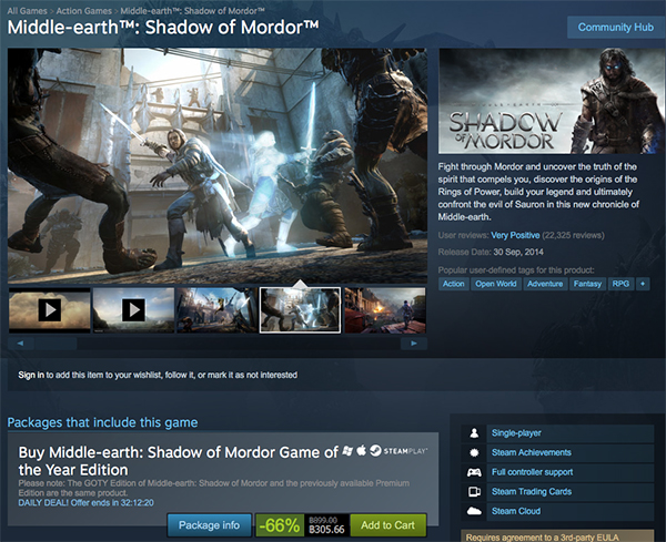 ลดราคาเกม Middle-earth: Shadow of Mordor เหลือ 305 บาท