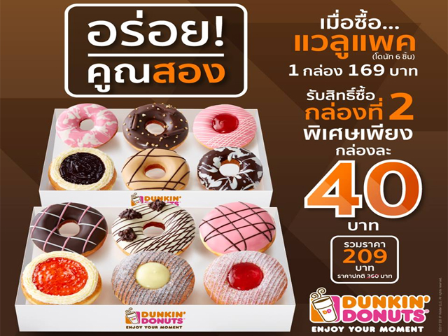 Dunkin Donut จัดหนักกับโดนัท 20 รสชาติใหม่ พร้อมจัดโปรโมชั่นโดนๆ อร่อยคูณสอง ซื้อชุดแวลูแพคกล่องที่ 2 (โดนัท 6 ชิ้น) เพียง 40 บาท (วันนี้ - 21 มี.ค 2560)
